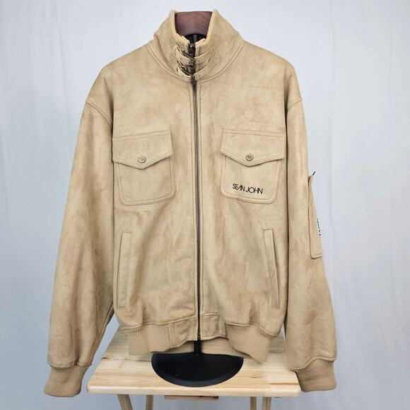 Vintage Sean John Bomber Jacket Men’s M Beige Faux Suede Logo Patch Y2K - Picture 1 of 8
